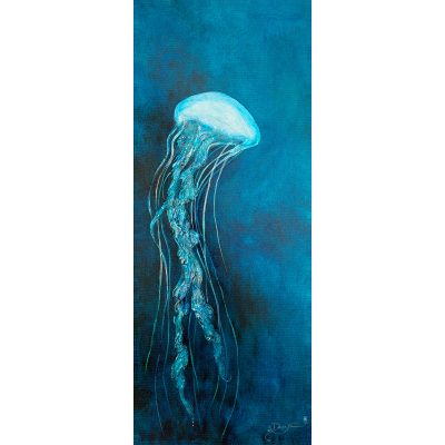 torquise emerald jellyfish swimming in deep sea ocean print