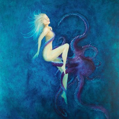 Print Canvas of Naked woman in the deep sea ocean with an octopus