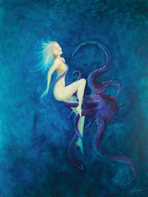 Print Canvas of Naked woman in the deep sea ocean with an octopus