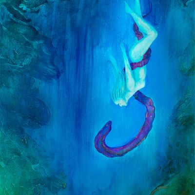 naked woman swimming in the deep ocean with an eel art painting print