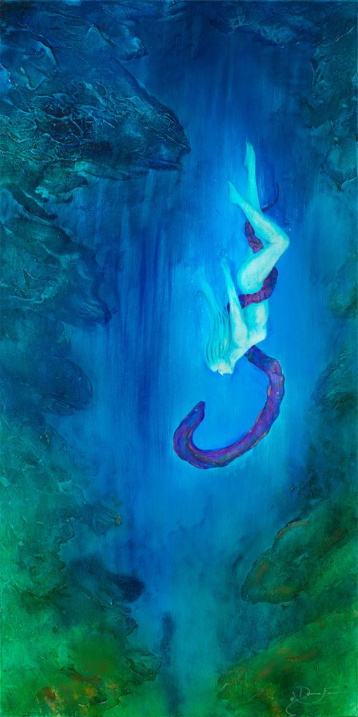 naked woman swimming in the deep ocean with an eel art painting print