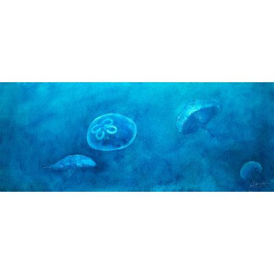 Moon Jellyfish group swimming in the deep sea ocean painting print