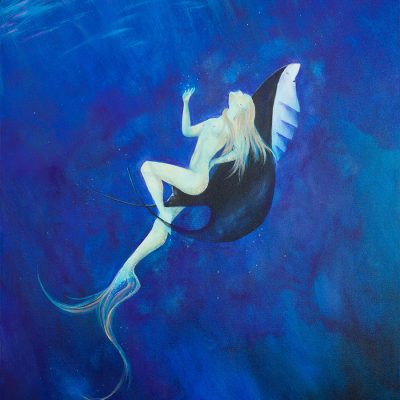 canvas painting print of naked woman mermaid with a manta ray in deep sea ocean