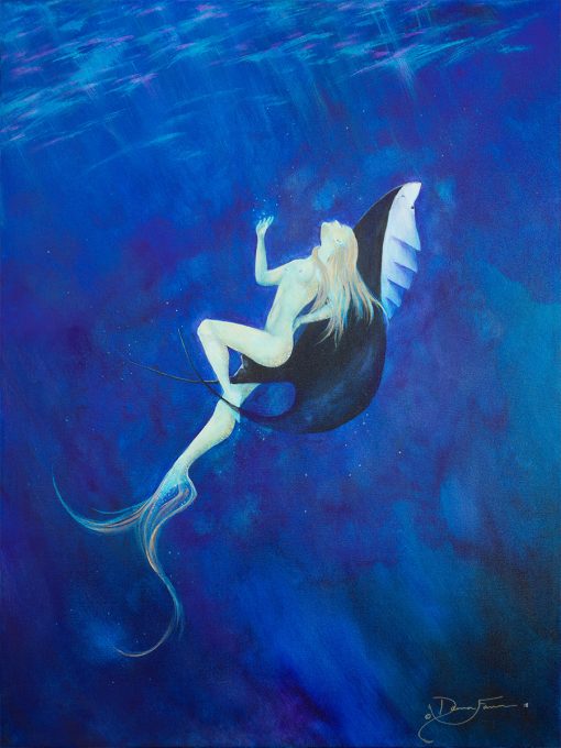 canvas painting print of naked woman mermaid with a manta ray in deep sea ocean